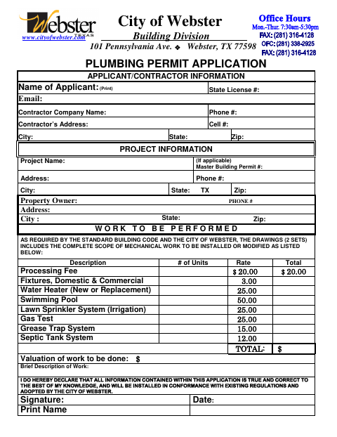 First page of the Plumbing Permit Application