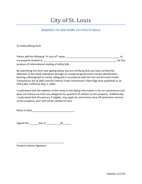 First page of the Request to Add Name to Utility Bills