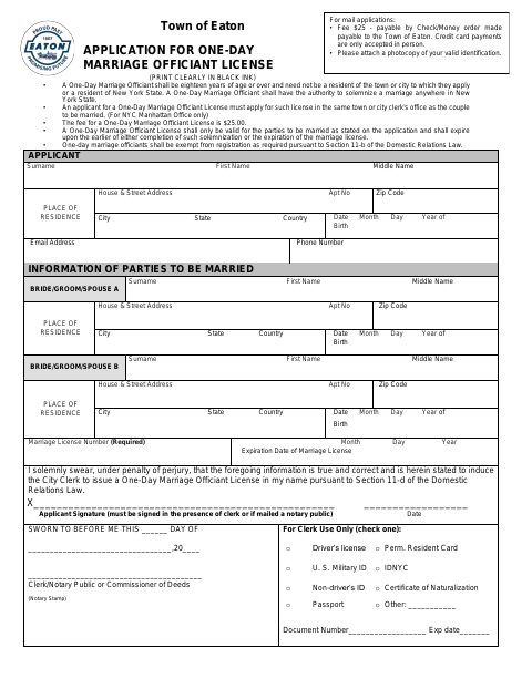 First page of the Application for One-Day Marriage Officiant License