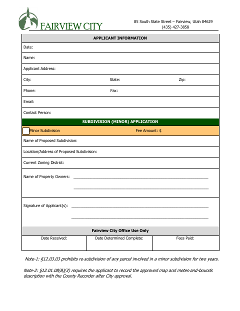 First page of the Minor Subdivision Application