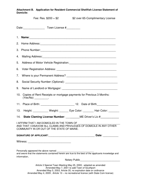 First page of the Commercial Resident Shellfish License Application