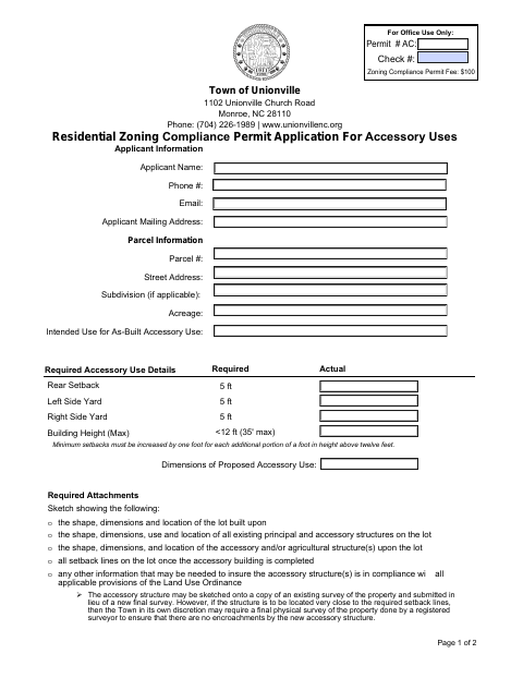 First page of the Residential Zoning Compliance Permit Application for Accessory Uses