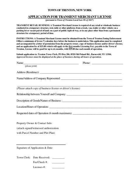 First page of the Transient Merchant License Application