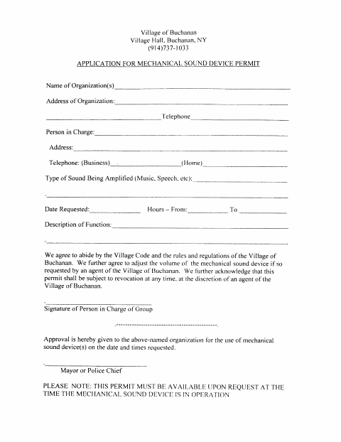 First page of the Mechanical Sound Device Permit Application