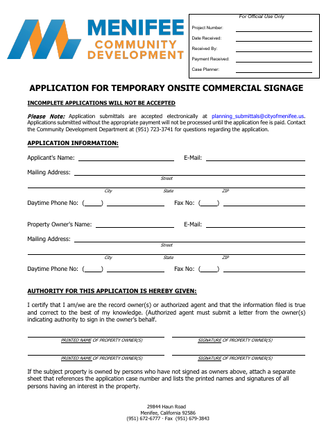 First page of the Temporary Onsite Commercial Signage Application