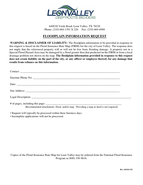 First page of the Floodplain Information Request