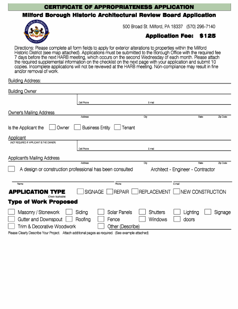 First page of the Certificate of Appropriateness Application