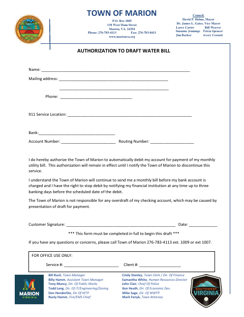 First page of the Authorization to Draft Water Bill