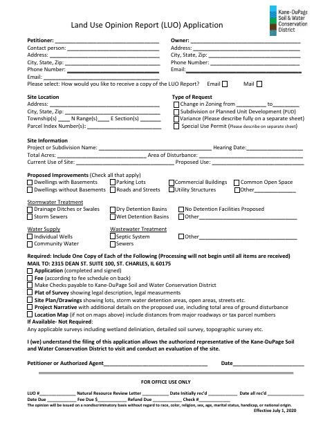 First page of the Land Use Opinion Report (LUO) Application