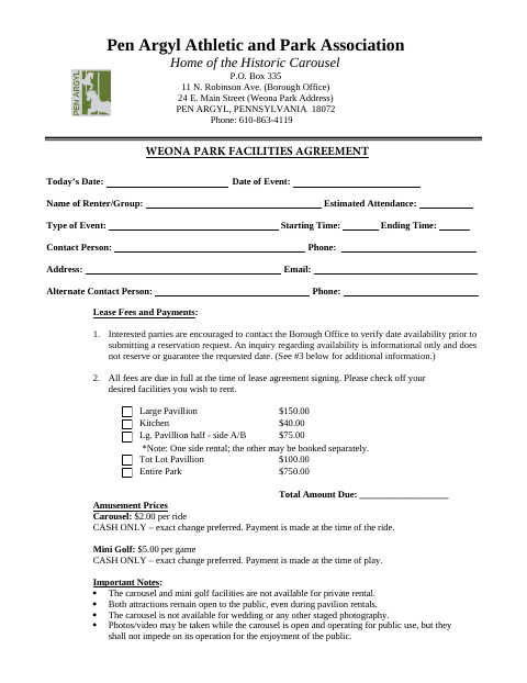 First page of the Weona Park Facilities Agreement