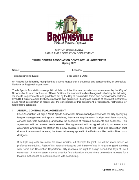 First page of the Youth Sports Association Contractual Agreement