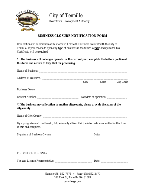 First page of the Business Closure Notification Form