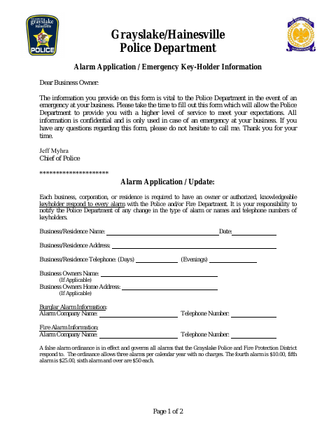 First page of the Alarm Application / Emergency Key-Holder Information