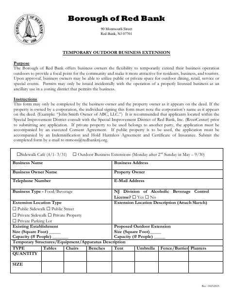 First page of the Temporary Outdoor Business Extension