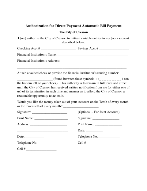 First page of the Authorization for Direct Payment Automatic Bill Payment