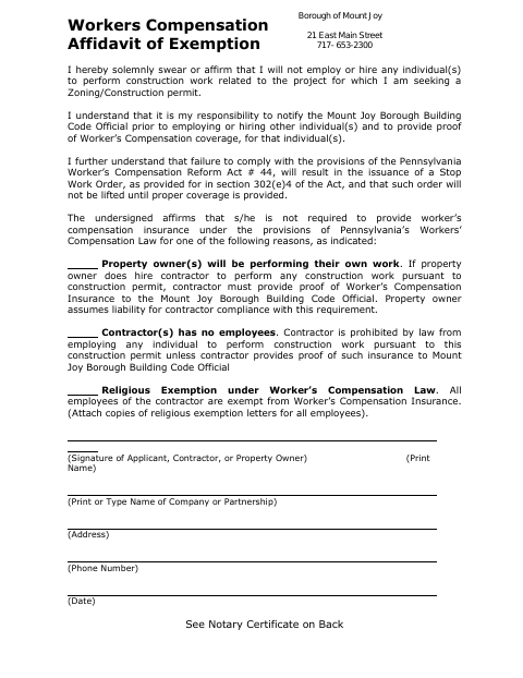 First page of the Workers Compensation Affidavit of Exemption