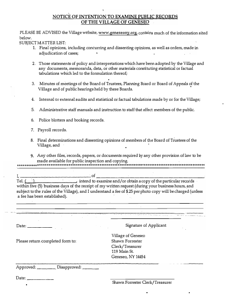 First page of the Notice of Intention to Examine Public Records