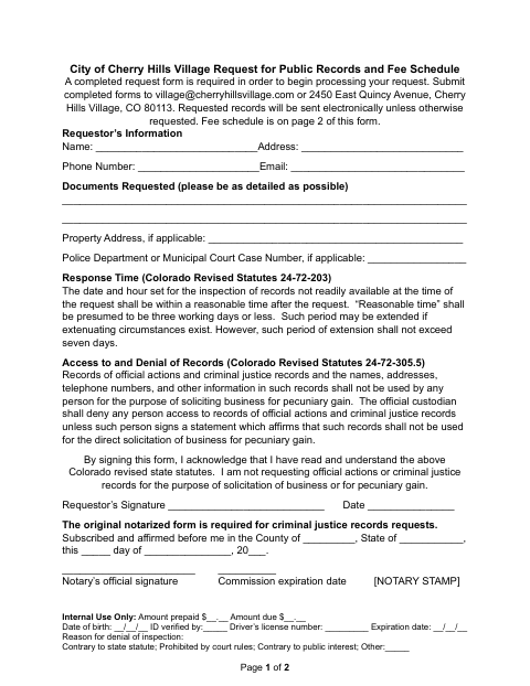 First page of the Request for Public Records and Fee Schedule