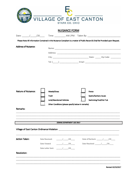 First page of the Nuisance Form