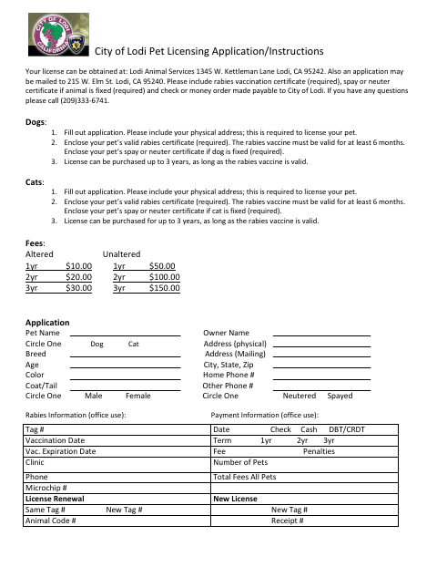First page of the Pet Licensing Application