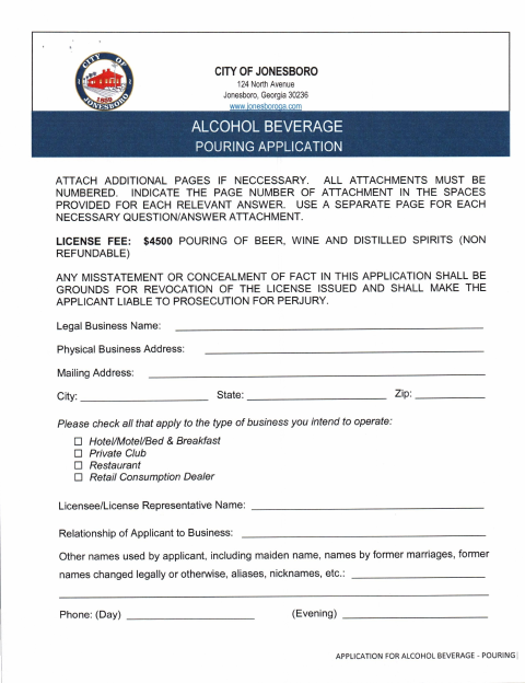 First page of the Alcohol Beverage Pouring Application