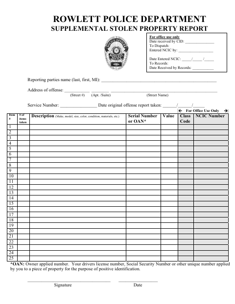 First page of the Supplemental Stolen Property Report