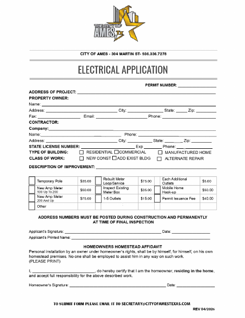 First page of the Electrical Application