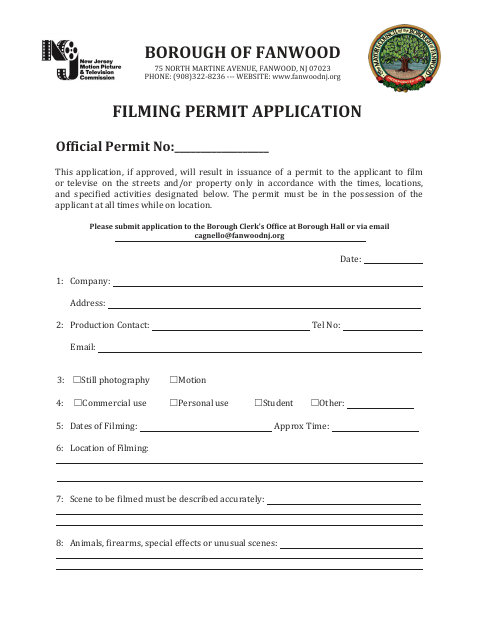 First page of the Filming Permit Application and Hold Harmless Agreement