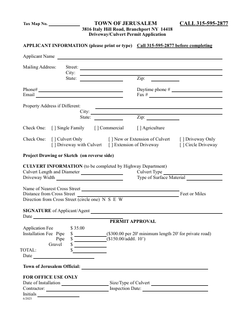 First page of the Driveway/Culvert Permit Application