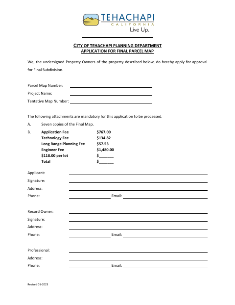 First page of the Application for Final Parcel Map