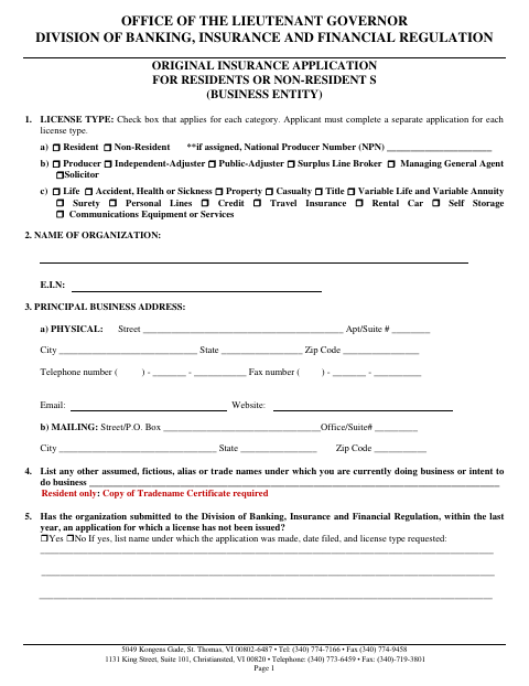 First page of the Original Insurance Application for Resident or Non-Resident Business Entities