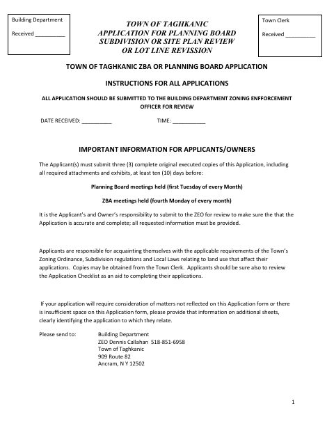 First page of the Planning Board Subdivision Or Site Plan Application