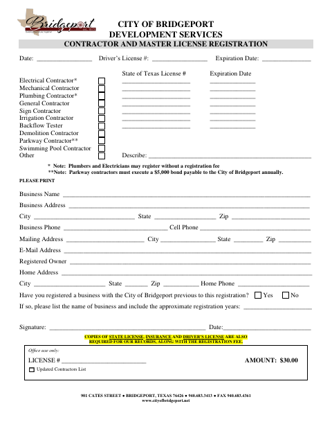 First page of the Contractor and Master License Registration