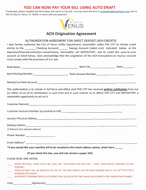 First page of the Authorization Agreement for Direct Deposit (ACH Credits)