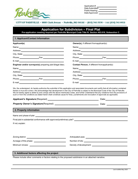 First page of the Subdivision Final Plat Application
