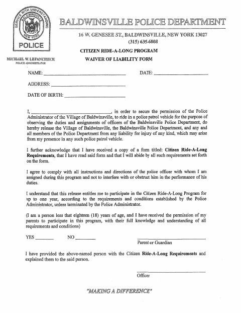 First page of the Application for Citizen Ride Along