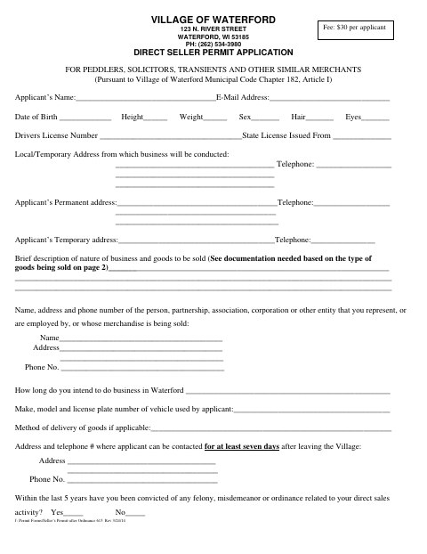 First page of the Direct Seller Permit Application
