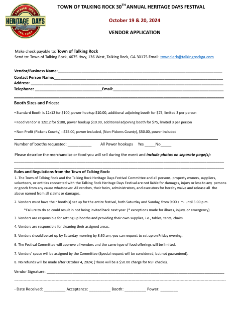 First page of the Heritage Days Vendor Application