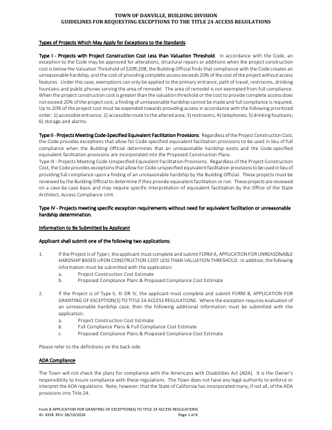 First page of the Application for Granting of Exceptions to Title 24 Access Regulations
