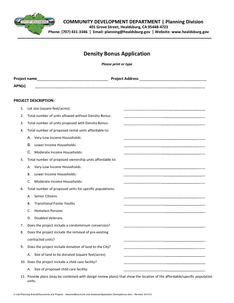 First page of the Density Bonus Application