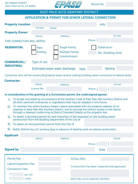 First page of the Application and Permit for Sewer Lateral Connection