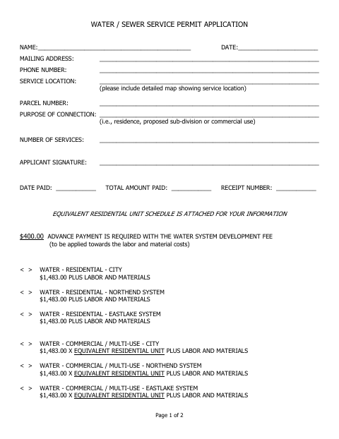 First page of the Water / Sewer Service Permit Application