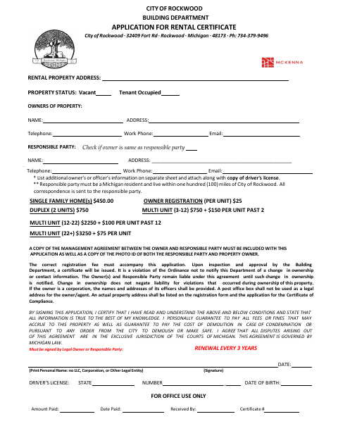 First page of the Application for Rental Certificate