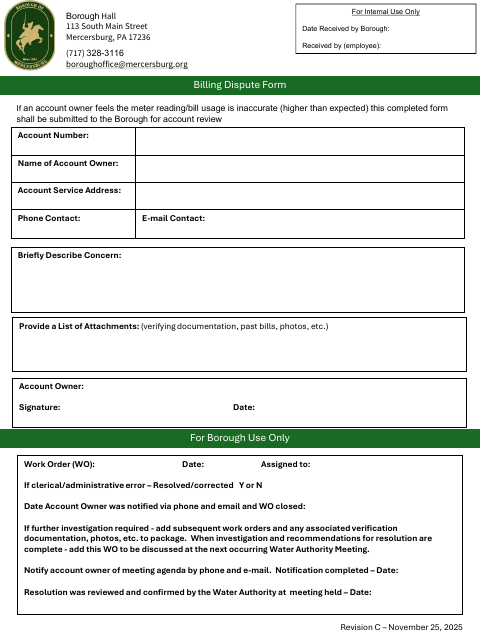 First page of the Water and Sewer Billing Dispute Form