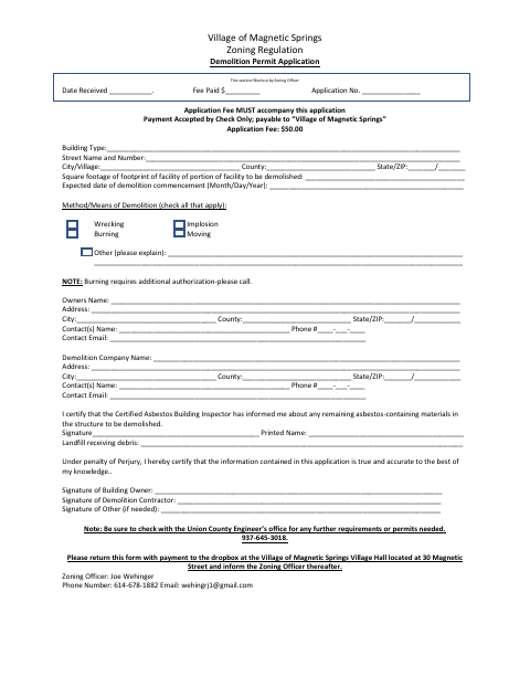 First page of the Demolition Permit Application