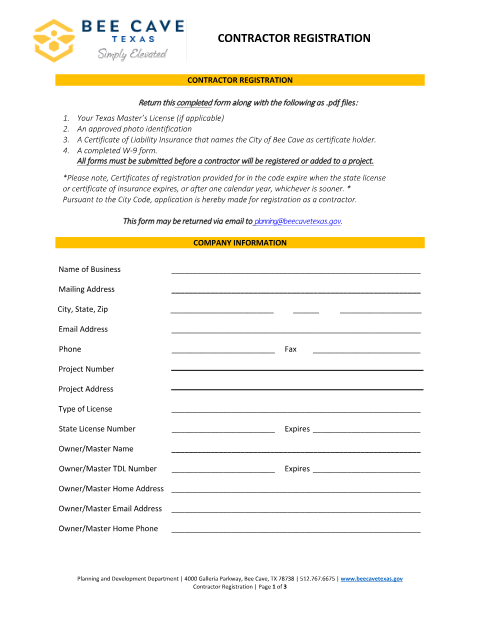 First page of the Contractor Registration Form