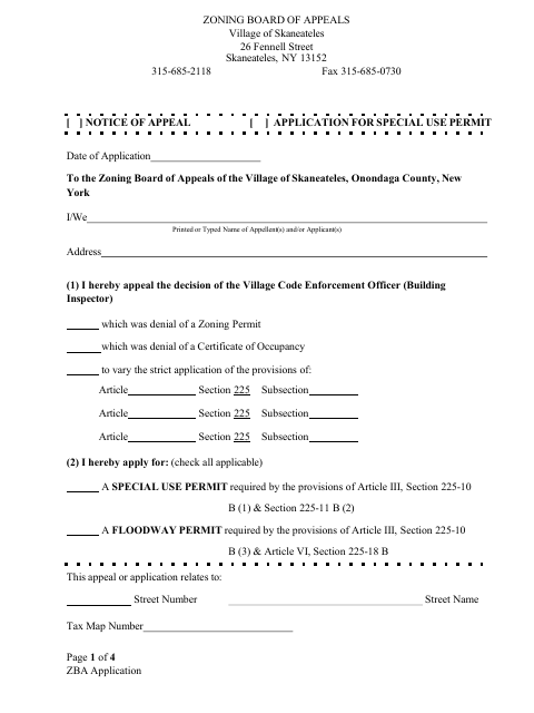 First page of the Zoning Board of Appeals Application