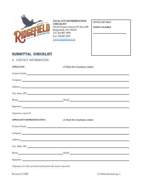 First page of the Legal Lot Determination Checklist
