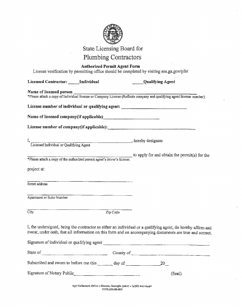 First page of the Plumbing Authorized Permit Agent Form