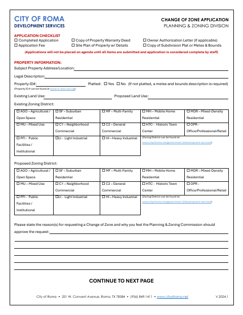 First page of the Change Of Zone Application
